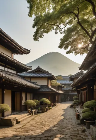 Photo-realistic cinematic scene of a traditional Japanese Edo period townscape with cobblestone street, traditional wooden architecture, manicured bonsai trees, and a mountain under a wide sky during daylight.