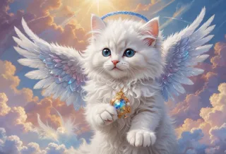 White curly fur kitten with blue iridescent wings and a blue halo playing with a glowing iridescent ball among soft clouds, holding an ornate golden pendant.