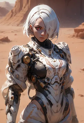 A female warrior with white hair covering one eye and red eyes, wearing detailed robotic armor, standing in a dusty desert landscape.