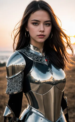 A realistic portrait of a woman wearing detailed medieval armor with metal reflections, standing outdoors at sunset with soft bokeh background.