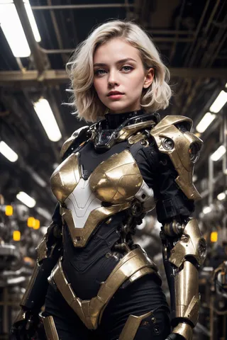Portrait of a female cyborg with short blonde hair wearing detailed gold and black mechanical armor in a futuristic weapons factory setting.