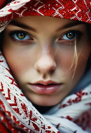 Close-up portrait of a Nordic girl with green eyes wearing a red and white patterned scarf, featuring soft natural lighting and intricate facial details.