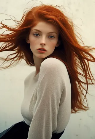 Portrait of a beautiful redhead woman with long flowing hair, detailed face, and blue eyes looking directly at the viewer, wearing a light top.