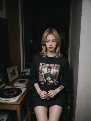 Portrait of a blonde girl with a punk t-shirt sitting on a chair in a dark vinyl shop at night, creating a cozy and intimate atmosphere.