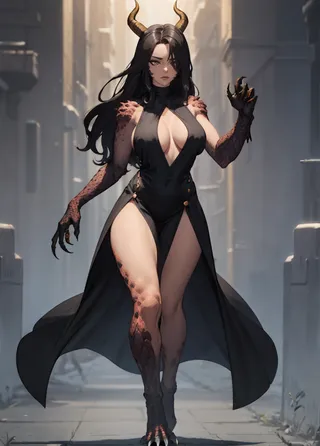 Full body image of a scaled humanoid mature female with long black hair, wearing a revealing black dress, featuring prominent horns, sharp claws, and animal-like feet in an urban background.