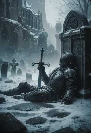 A fallen knight clad in full armor rests against a gravestone in a snow-covered graveyard, gripping a sword with its blade buried in the snow, under gentle falling snowflakes and a dark gothic castle looming in the background
