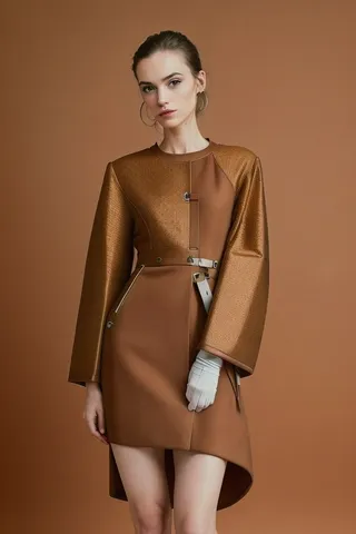 Portrait of a woman wearing a modern brown neo-futurism dress with large sleeves and abstract forms, styled in a studio shot with a simple brown background.