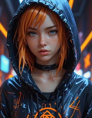 Hyper-detailed cyberpunk girl portrait with messy orange hair under a dark hooded tunic, neon graffiti background, and high contrast side lighting.