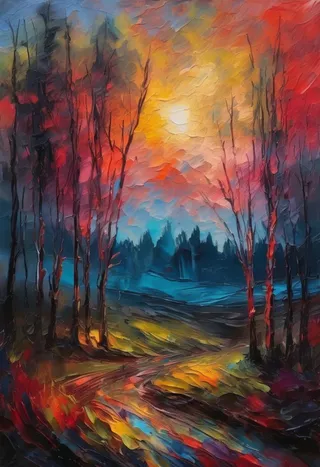 A moody, colorful landscape painting with thick brush strokes and impasto gouache textures, depicting leafless trees under a vibrant sky.