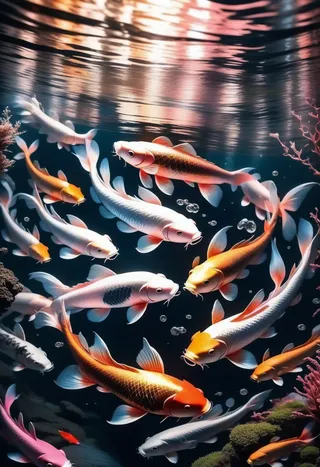 Photorealistic image of neon orange and black koi fish underwater with water ripples, mist, moonlight, pink moon in the sky, and reflections of the night sky on the water surface.
