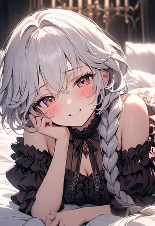Closeup of a smiling anime girl with long white braided hair, wearing a frilly black gothic dress, lying on a bed with a blush and shy smile.