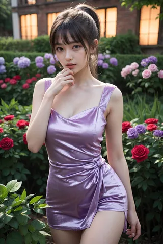 A young woman wearing a silky purple dress with a thigh-high slit stands in a rose garden with red, purple, and pink roses, posing thoughtfully with her hand near her chin.