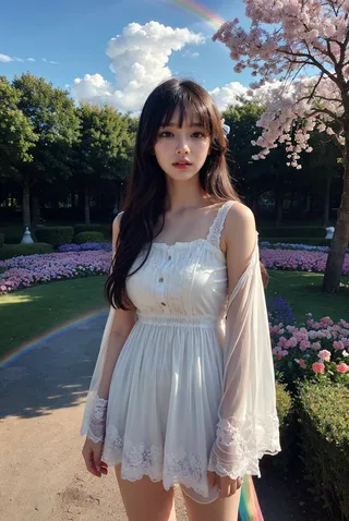Young woman with long dark hair wearing a white lace dress standing in a colorful flower garden under a blue sky with a rainbow and cherry blossom tree