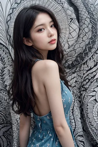 Portrait of a shy girl with long wet hair and shiny skin wearing a blue floral dress, posed against an intricate black and white zentangle patterned background.