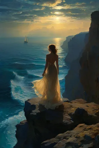 A gorgeous woman wearing a transparent, flowing dress stands on rugged cliffs overlooking a blue sea during the golden hour with sunrays breaking through clouds and a distant sailboat.