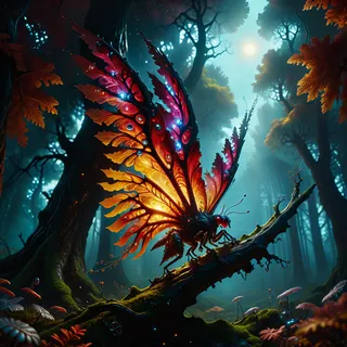 A glowing rubyblep, a small poisonous life form with brightly colored and intricately detailed wings, perched on a mossy branch in a mysterious enchanted forest under a glowing moon.