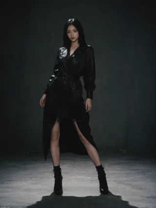 Photorealistic image of a female fashion model in a black leather coat posing dynamically in a dark, minimalist setting, looking directly at the viewer.