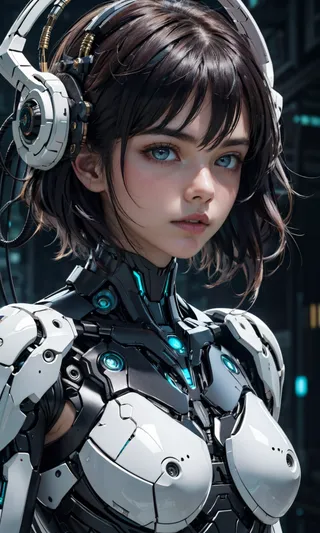 A detailed portrait of a mechanical girl with blue eyes and short dark hair, showcasing intricate cybernetic limbs and robotic features in an anime art style with cool blue lighting.