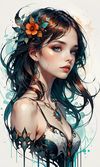 Fantasy-style portrait of a beautiful woman with dark flowing hair adorned with orange and teal flowers, wearing detailed jewelry and a patterned dress in Art Nouveau style.
