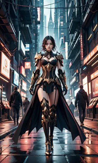 A female cyberpunk warrior in intricate, gold-embedded gothic armor stands confidently in a futuristic, neon-lit city street under dramatic lighting.