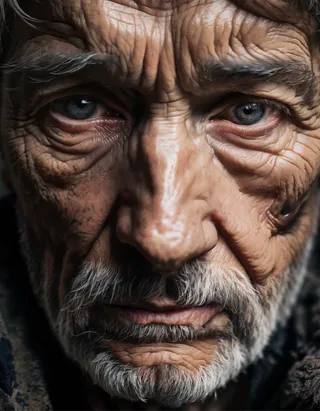 Close-up photorealistic portrait of an old Russian worker showing deep wrinkles, fatigue, rough skin texture, and detailed blue eyes in a dark moody theme.