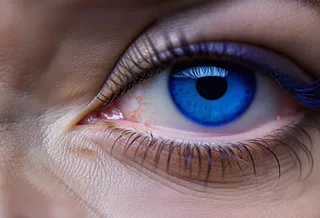 Macro close-up photograph of an eye with a vibrant blue iris, showing intricate details of the iris and visible blood vessels, with sharp focus on skin texture and eyelashes.
