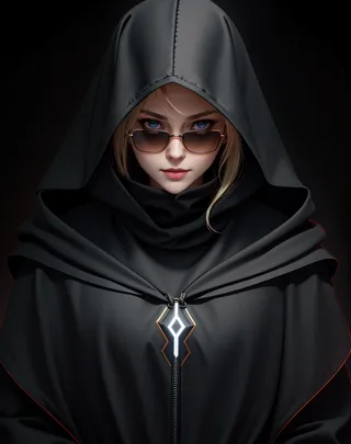 Portrait of a blonde woman named Nadia wearing sunglasses and a choker, dressed in a black hooded cloak with a glowing pendant against a dark background.