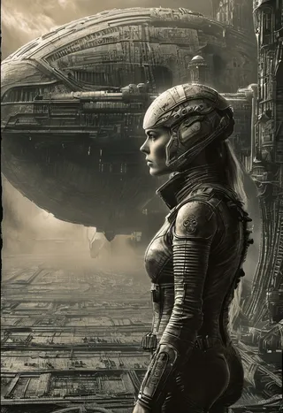 A young female starship pilot with long blonde hair and a detailed space helmet stands next to a large rusty spaceship in a sci-fi cargo port, rendered in the style of HR Giger.