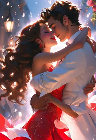 A hyperrealistic depiction of a couple dancing closely, the woman in a flowing red dress and the man in a white suit, sharing an intimate and romantic moment.