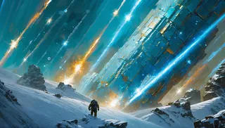 A stunning sci-fi digital painting showing an astronaut on a snowy terrain facing a massive futuristic structure with cosmic energy beams and sparkling lights in the sky.