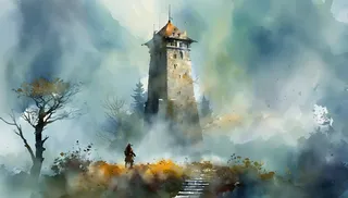 Misty landscape featuring the Elusive Tower in a far-future digital painting style using watercolor and palette knife effects, with a lone figure approaching the tower.