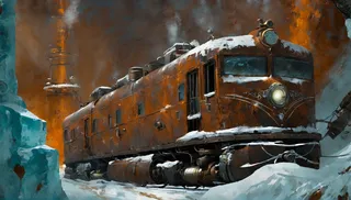 Detailed digital painting of a rusty steampunk train covered in snow inside a frozen industrial room with steam and icy blue walls.
