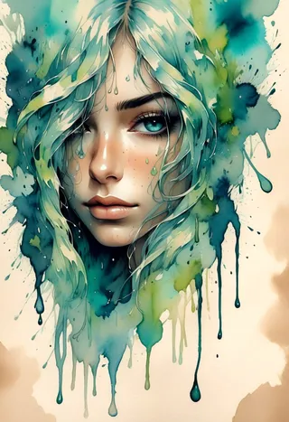 Close-up portrait of a girl with light green long hair and bangs, blue petals on her cheeks, realistic skin texture with watercolor blending effects.