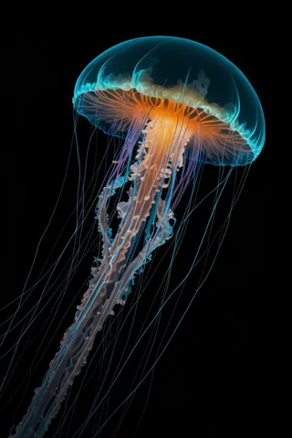 A colossal bioluminescent jellyfish floating gracefully through the dark depths of the ocean, emitting an ethereal bluish glow with vivid orange highlights.