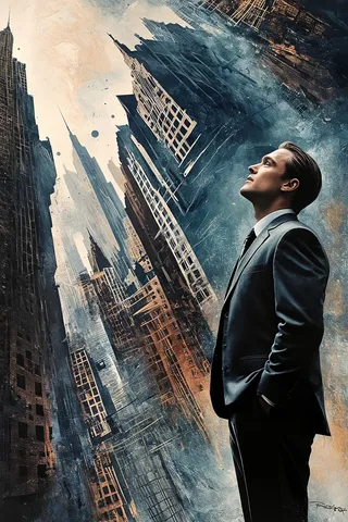 A man in a suit looks up at an abstract cityscape with skyscrapers bending and twisting, featuring textured, painterly effects.