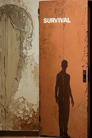 A textured, worn door with the word 'SURVIVAL' written on it, showing the shadow silhouette of a man standing in front, beside an old wall with peeling paint and a reflection of the door.