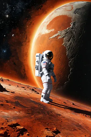 Astronaut standing on the rocky, red surface of Mars with a massive, glowing planet in the background, set against a star-filled cosmic space.