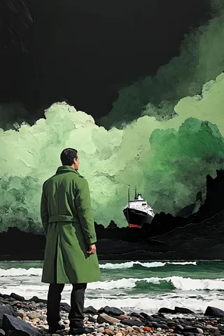 A man wearing a green coat stands on a rocky beach, facing a ship in the distance with a large black cloud and abstract green textures in the sky.