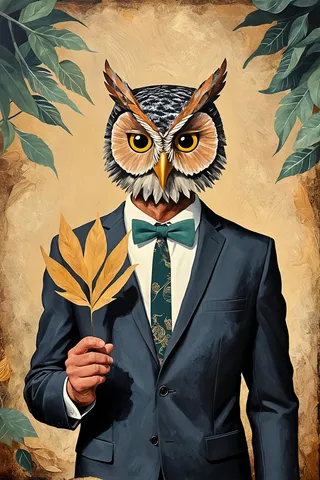A surreal portrait of a man wearing a dark suit, green bow tie, and patterned tie, with an owl mask covering his head, holding a yellow leaf against a beige textured background with green leaves.