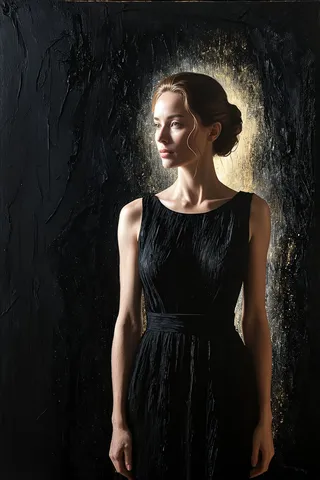 Woman wearing a textured black dress standing in a dark room, illuminated softly by a light on her face, with an abstract textured background.
