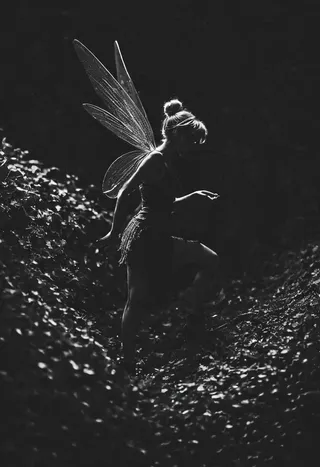Black and white high-contrast silhouette of a woman with delicate fairy wings, resembling Tinkerbell, stepping through a leafy area with cinematic lighting and subtle grain.