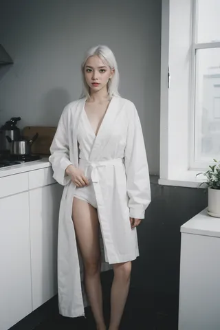 Photorealistic image of a white-haired female model standing in a kitchen wearing a white robe with natural skin texture, posing confidently.