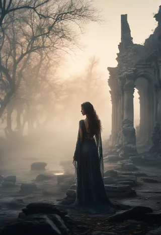Silhouette of an elegant woman standing in foggy ancient ruins surrounded by withered trees and morning mist