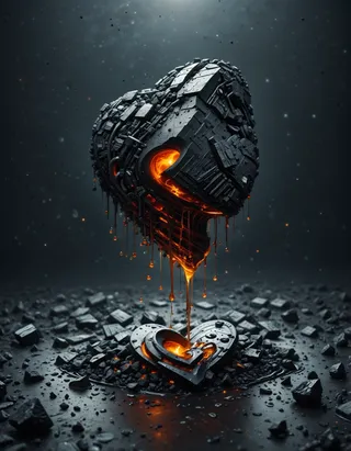 A dark anthracite coal heart with mechanical textures, splitting open with glowing orange oil dripping onto a broken coal heart below surrounded by coal fragments.