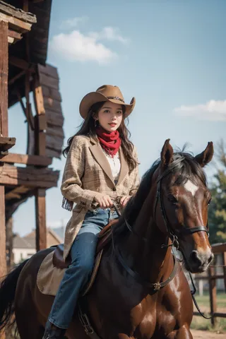 Young woman dressed in a cowgirl outfit with a brown hat and red scarf riding a dark brown horse outdoors near wooden structures under a clear sky.