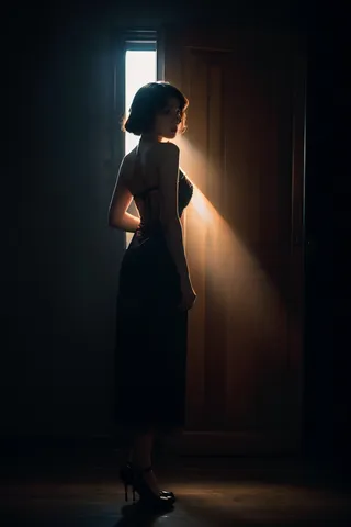 A noir detective girl from the 1920s standing in silhouette with dramatic volumetric lighting casting dark orange and purple hues.