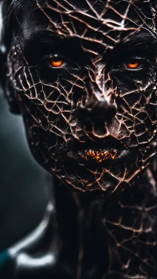 Nahaufnahme eines Makro-Porträts mit einem Gesicht, das eine rissige, gebrochene Hauttextur und leuchtend orangefarbene Augen unter stimmungsvoller, kontrastreicher Beleuchtung zeigt.