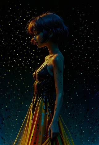 Young petite girl in an elaborate yellow and black dress standing amid glowing space nebula dots, painted in a realistic watercolor style.