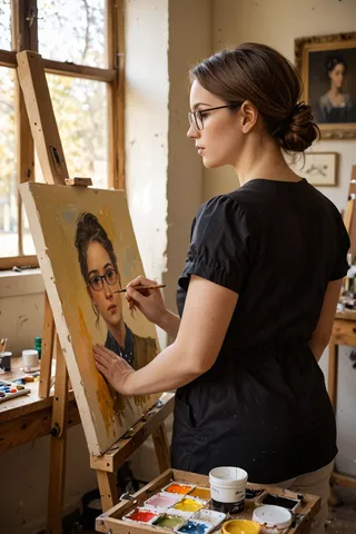 A woman wearing glasses and an artist's smock paints a detailed oil portrait on a wooden easel in a vintage art studio lit by natural light.