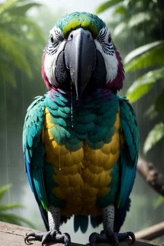 A colorful tropical parrot with vibrant feathers stands perched in the rain with droplets on its plumage.